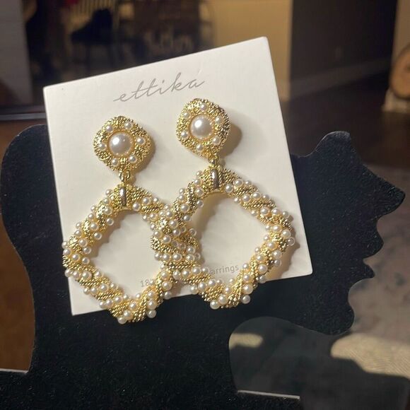 Ettika Womens 18 KT Gold Plated Earrings Gold Tone with Pearls Square NWOT - Picture 1 of 5